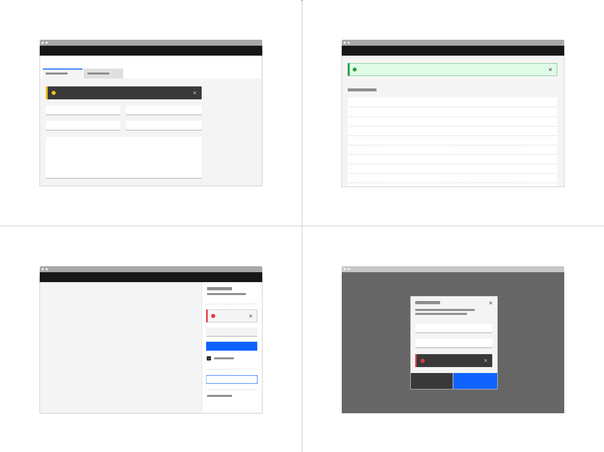 Examples of inline notification placements across different UI layouts