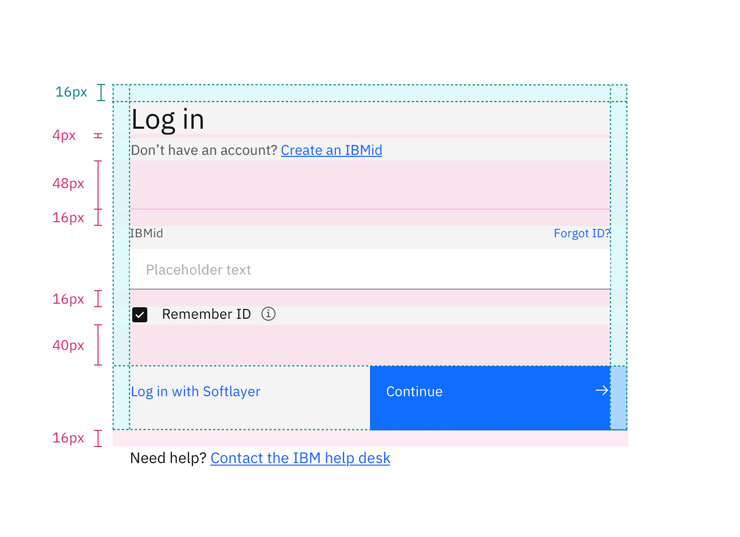 Specs for margins and vertical spacing in a centered login form with a default styled input
