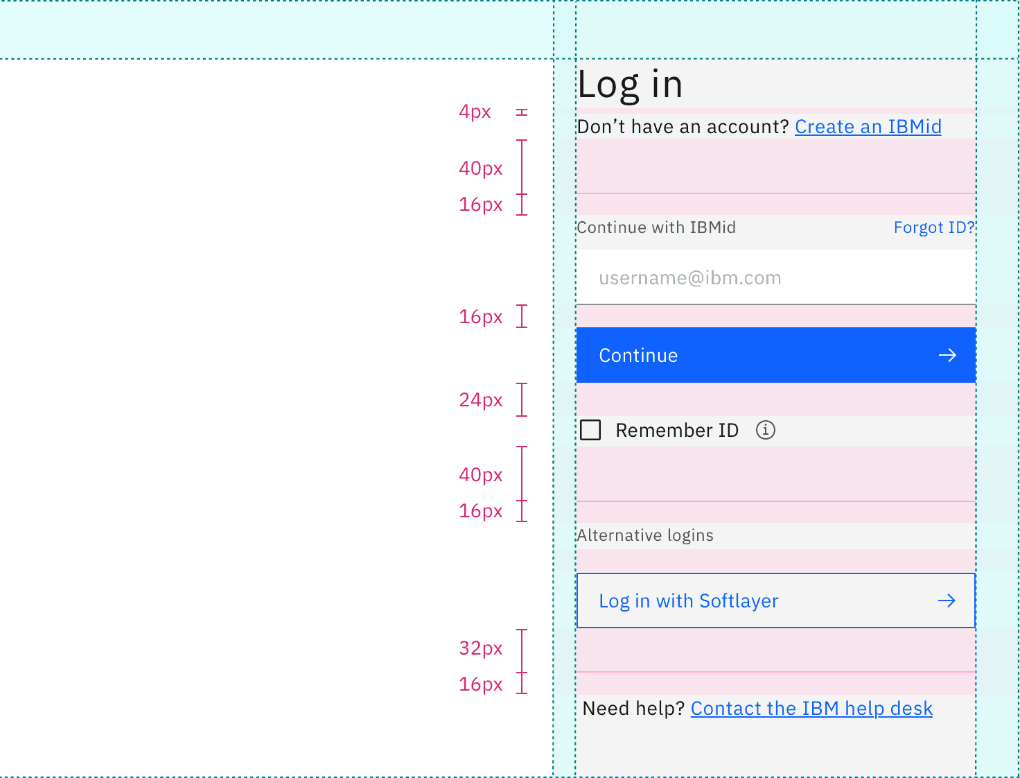 Specs for margins and vertical spacing in a split-screen login form with a default style input
