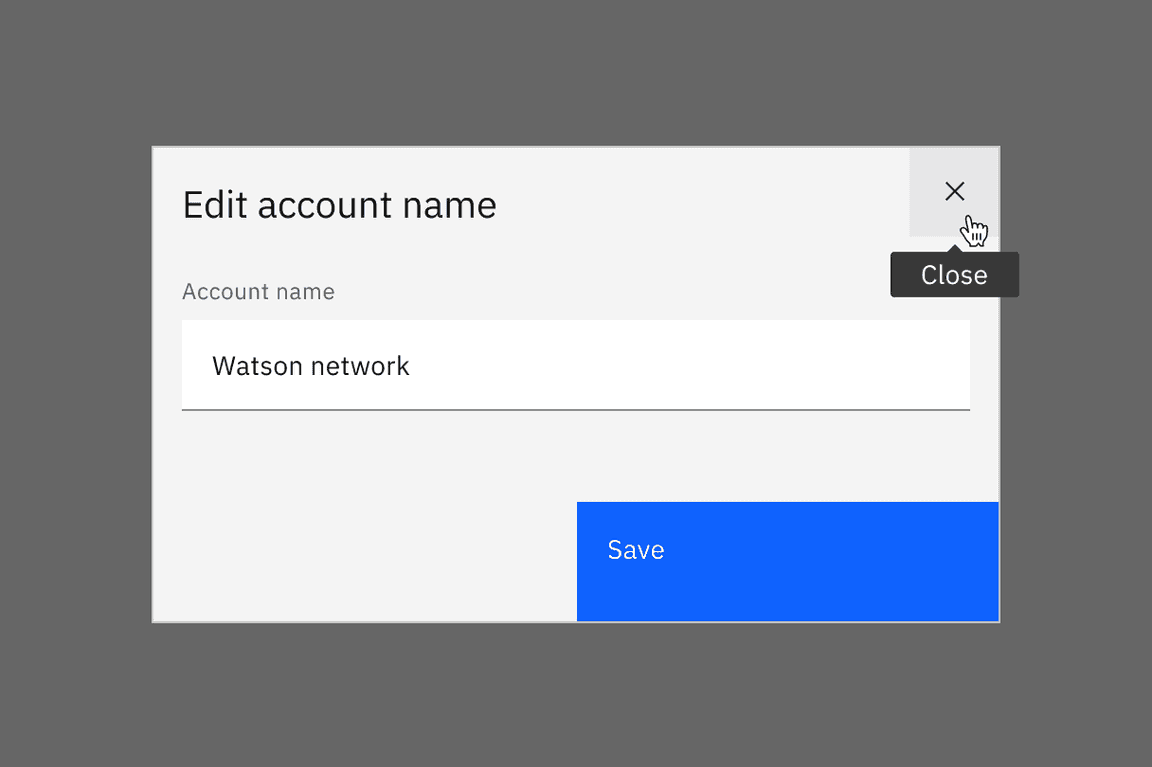 a pointer hovering over an icon-only button shows the name 'Close'