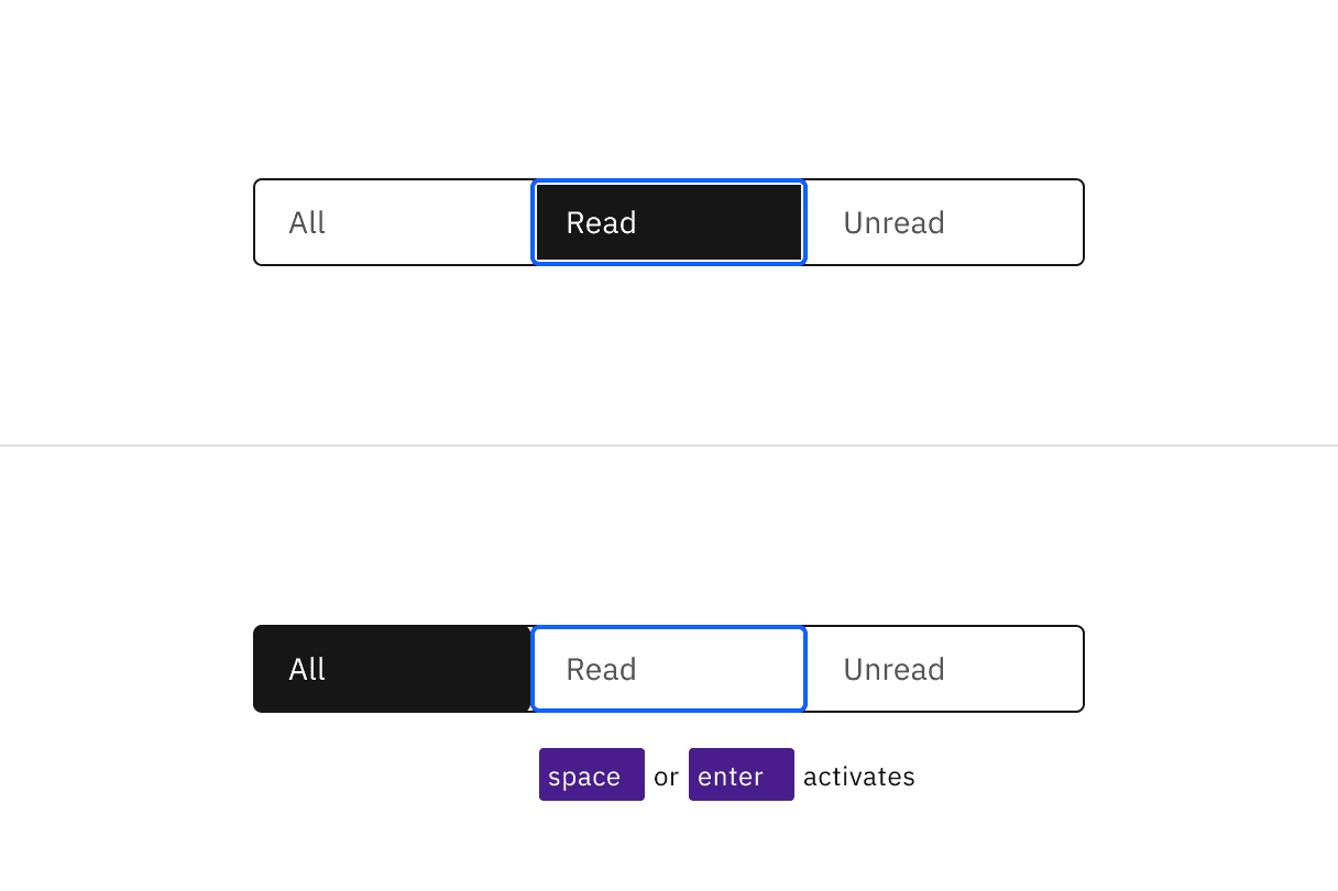 Arrows keys alone update the selected tab in an automatic content switcher. The Space and Enter keys are used to select a content tab after arrowing to it in a manual variant.