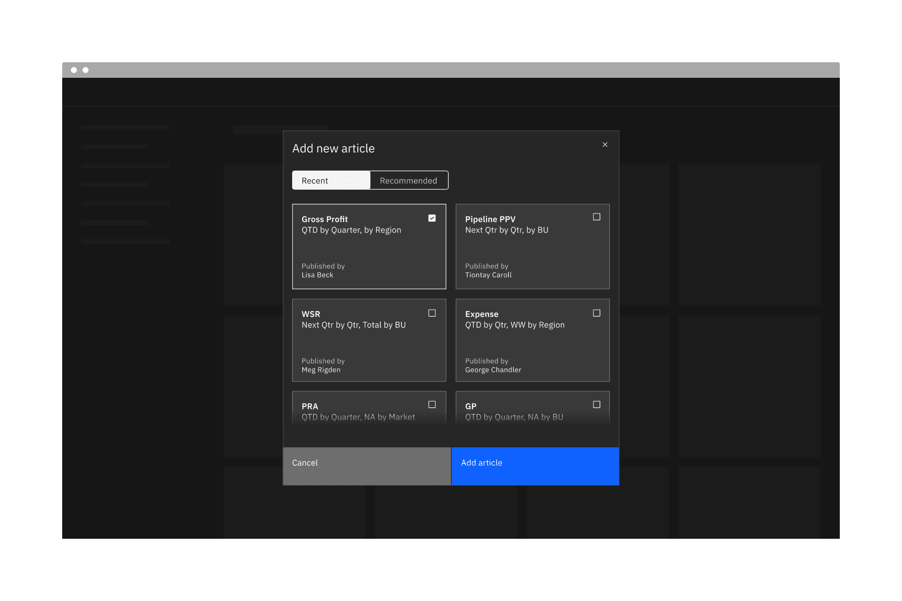 Example of a content switcher in a UI