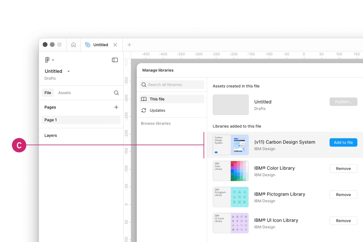 Within the library modal, find the desired library and click "Add to file"