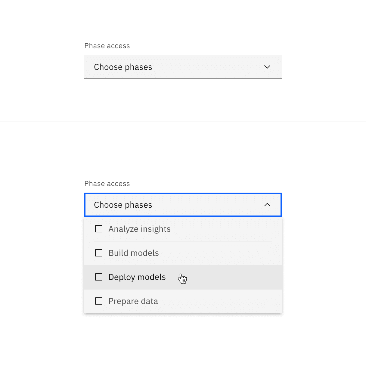 Default multiselect dropdown closed and open states.