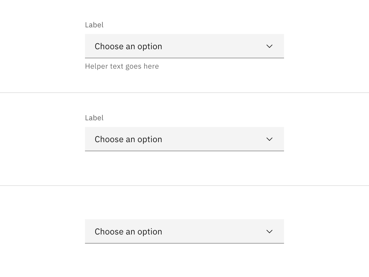 Dropdown with assistive labels, helper text, or none.