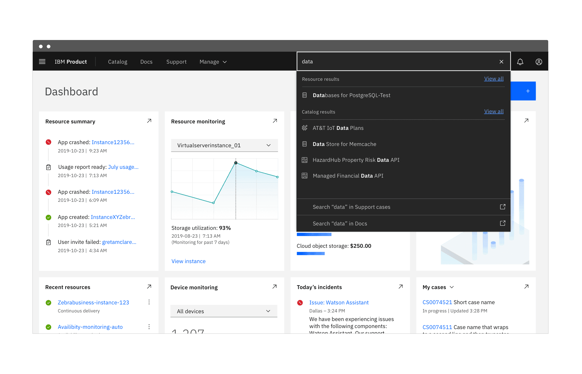 Example of a focused search with results panel