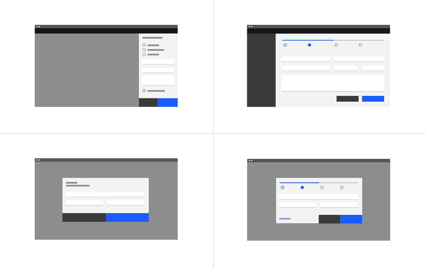 Examples of progressive and dialog forms with a right-aligned primary button