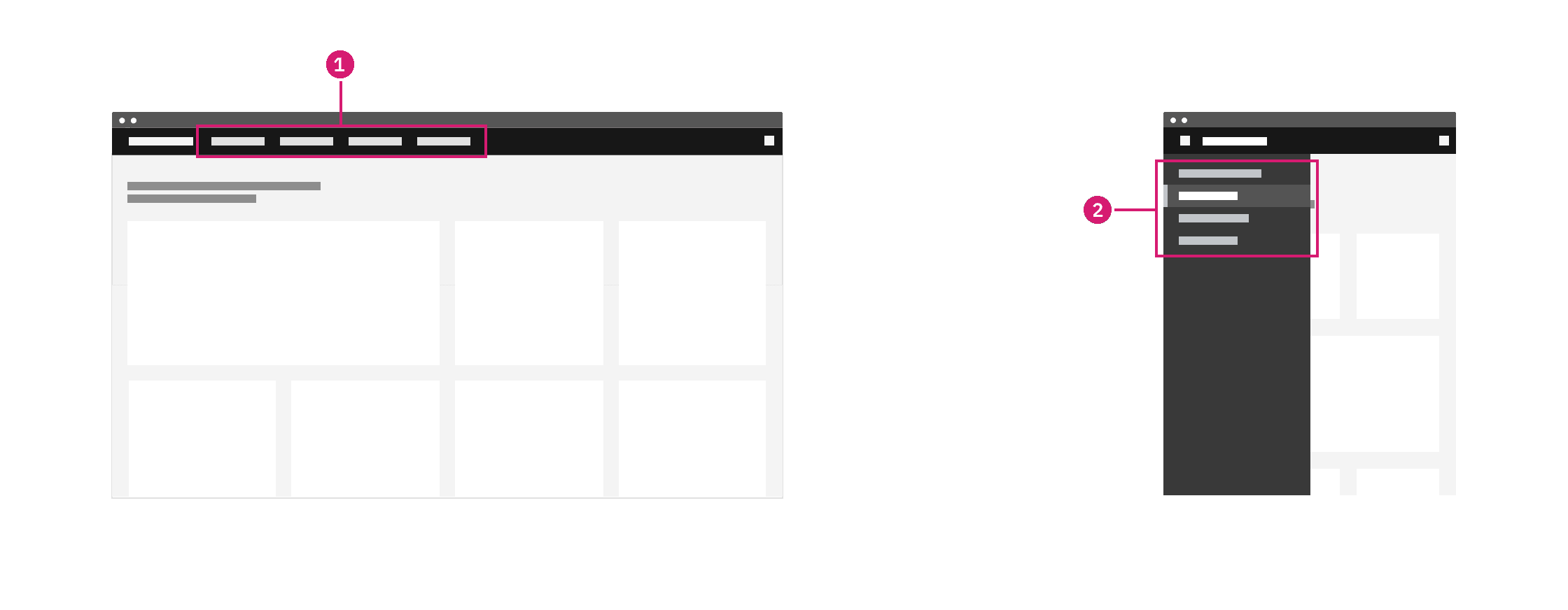 Navigation items appear in the header at wide widths and have moved to a side nav for narrow widths.