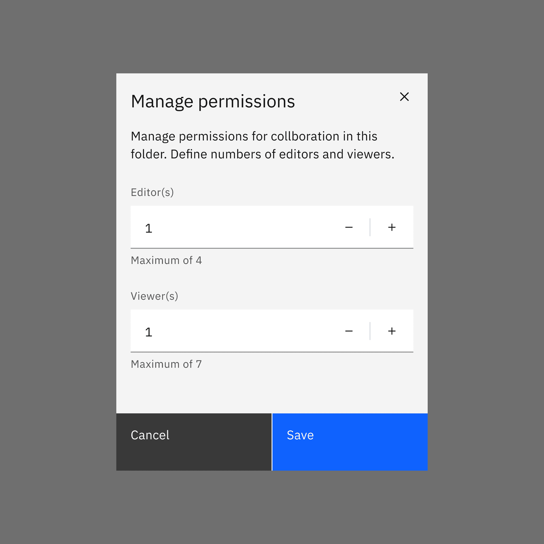 Settings menu titled “Manage permissions” with controls to adjust editor and viewer numbers using plus and minus buttons