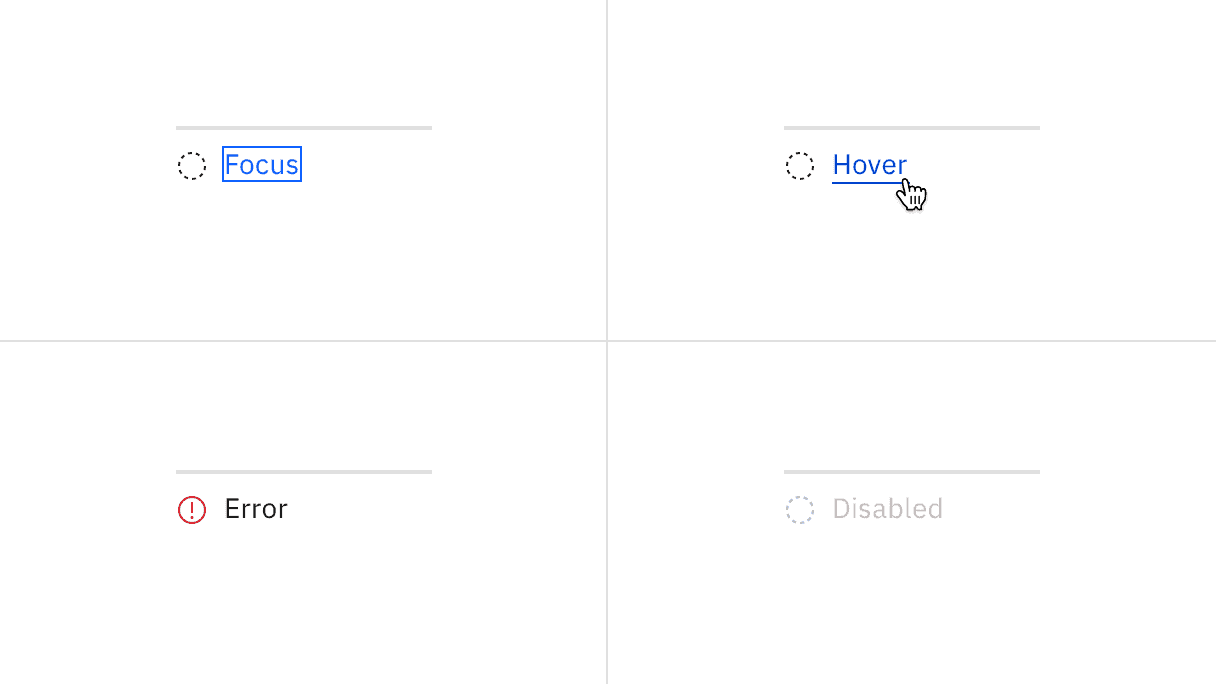 Examples of focus, hover, error, and disabled states for progress indicator