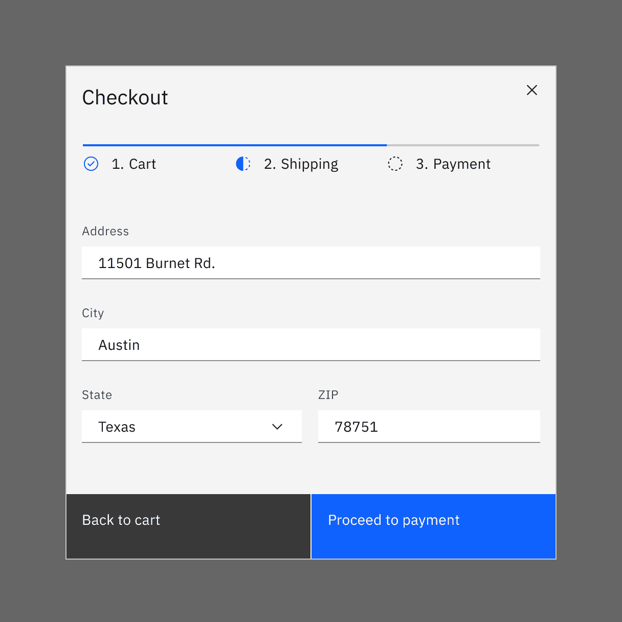 Example of a progress indicator used in a payment UI.