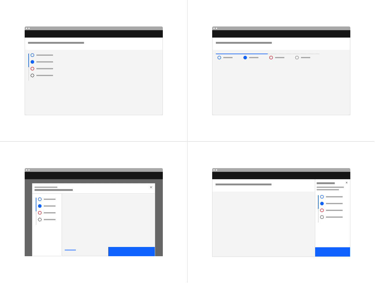 Examples of progress indicators on a full page, tearsheet, and side panel.