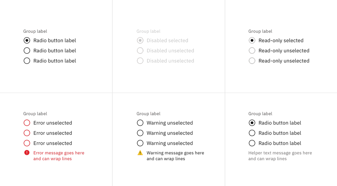Examples of radio button group states: read-only, disabled, error, and warning