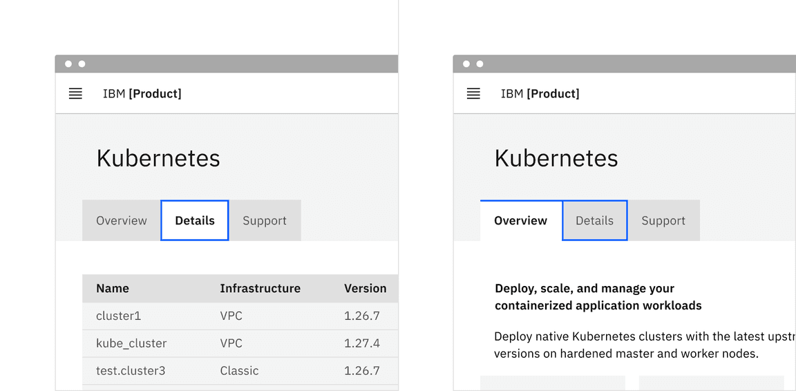 After pressing the Right Arrow key, the second tab is selected in an automatic tablist. For the manual tablist, Details has focus but Overview is still selected. Pressing the Space or Enter key will select Details.
