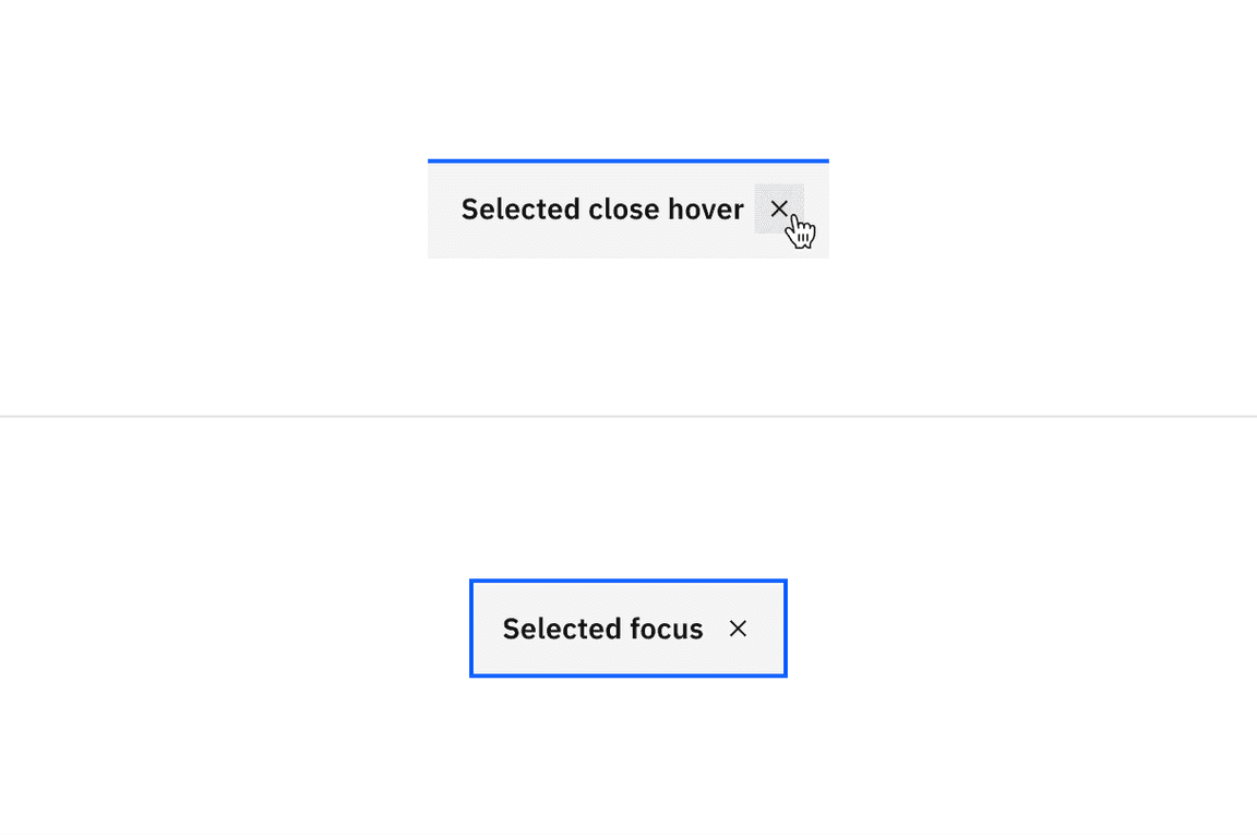 Examples of selected close hover and selected focus states for dismissible contained tabs.