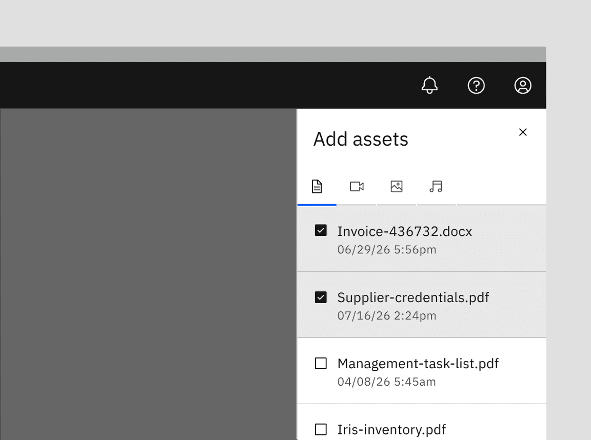 Example of icon-only tabs within a side panel.