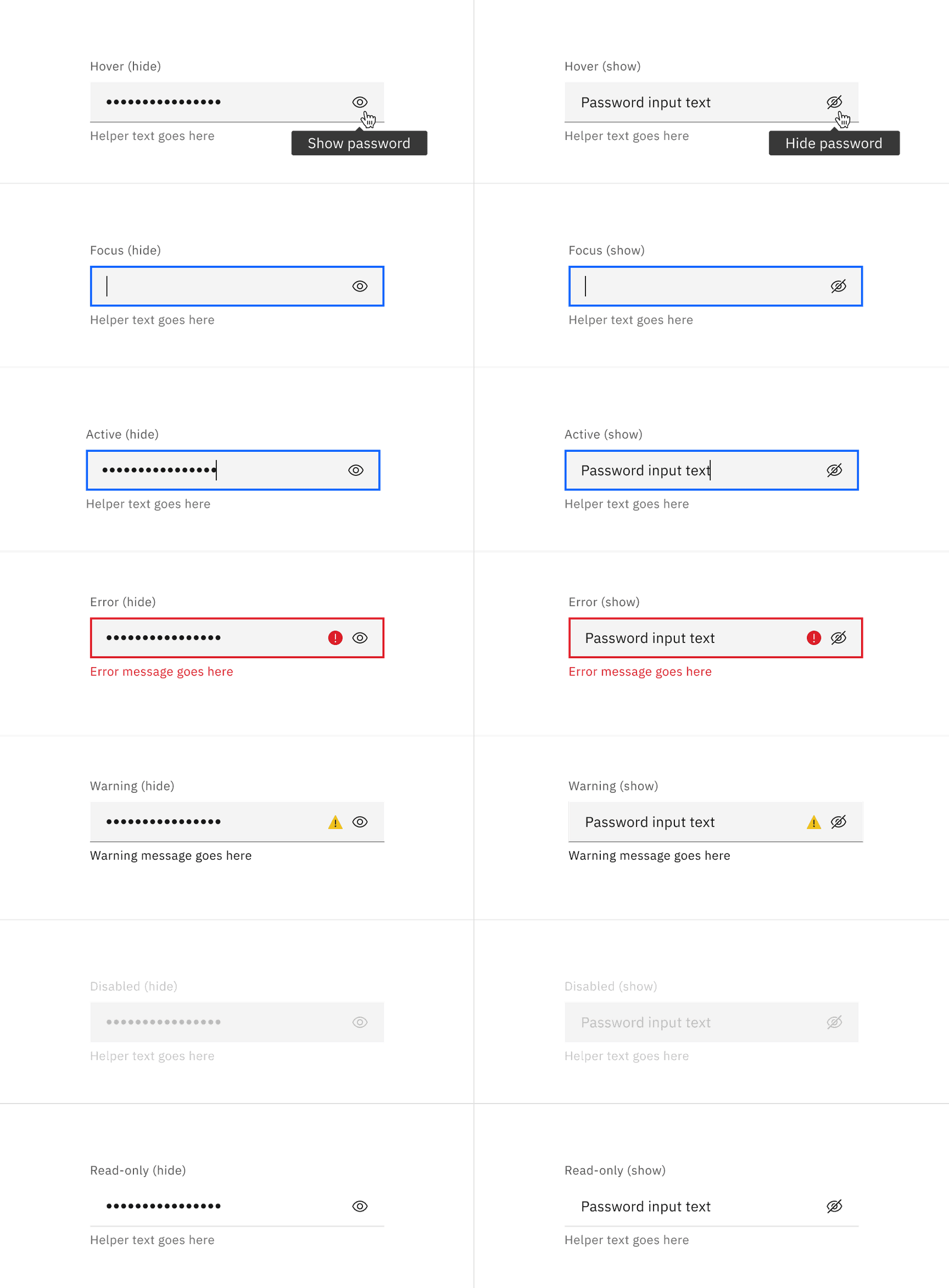 Examples of password input states in the default style